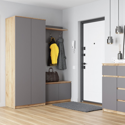 Современная модульная прихожая со шкафом, вешалкой и обувницей в маленький узкий коридор, СИТИ графит / дуб крафт золотой