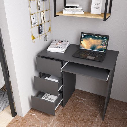 Современная мебель письменный стол с ящиками для школьника с полкой и тумбой аналог ИКЕА ЭЙЛЕР (IKEA EJLER) МС-6 левый (МП/3), графит МС мори, купить недорого в фирменном салоне магазине «Моя Мебель», всего за 7 420 руб.