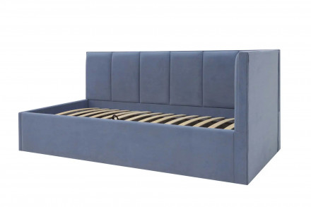 Мягкая односпальная кровать 90х200 с большим ящиком для белья урбан 1 синий