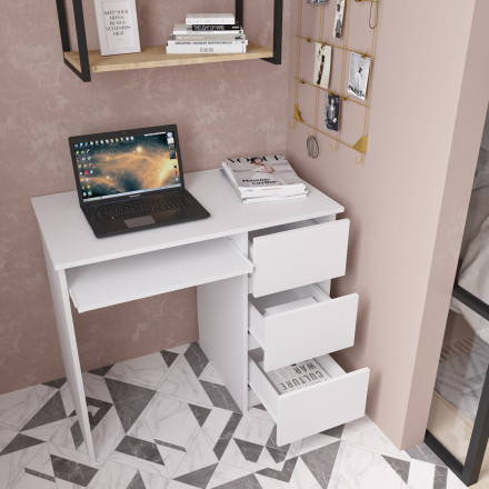 Современная мебель белый письменный стол с ящиками для школьника с полкой и тумбой аналог ИКЕА ЭЙЛЕР (IKEA EJLER) МС-6 правый (МП/3) МС мори, купить недорого в фирменном салоне магазине «Моя Мебель», всего за 7 200 руб.