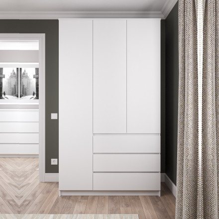 Белый распашной 3-х створчатый шкаф с полками и 3 ящиками для одежды как ИКЕА (IKEA) МШ 1200.1 (МП/3) МС мори