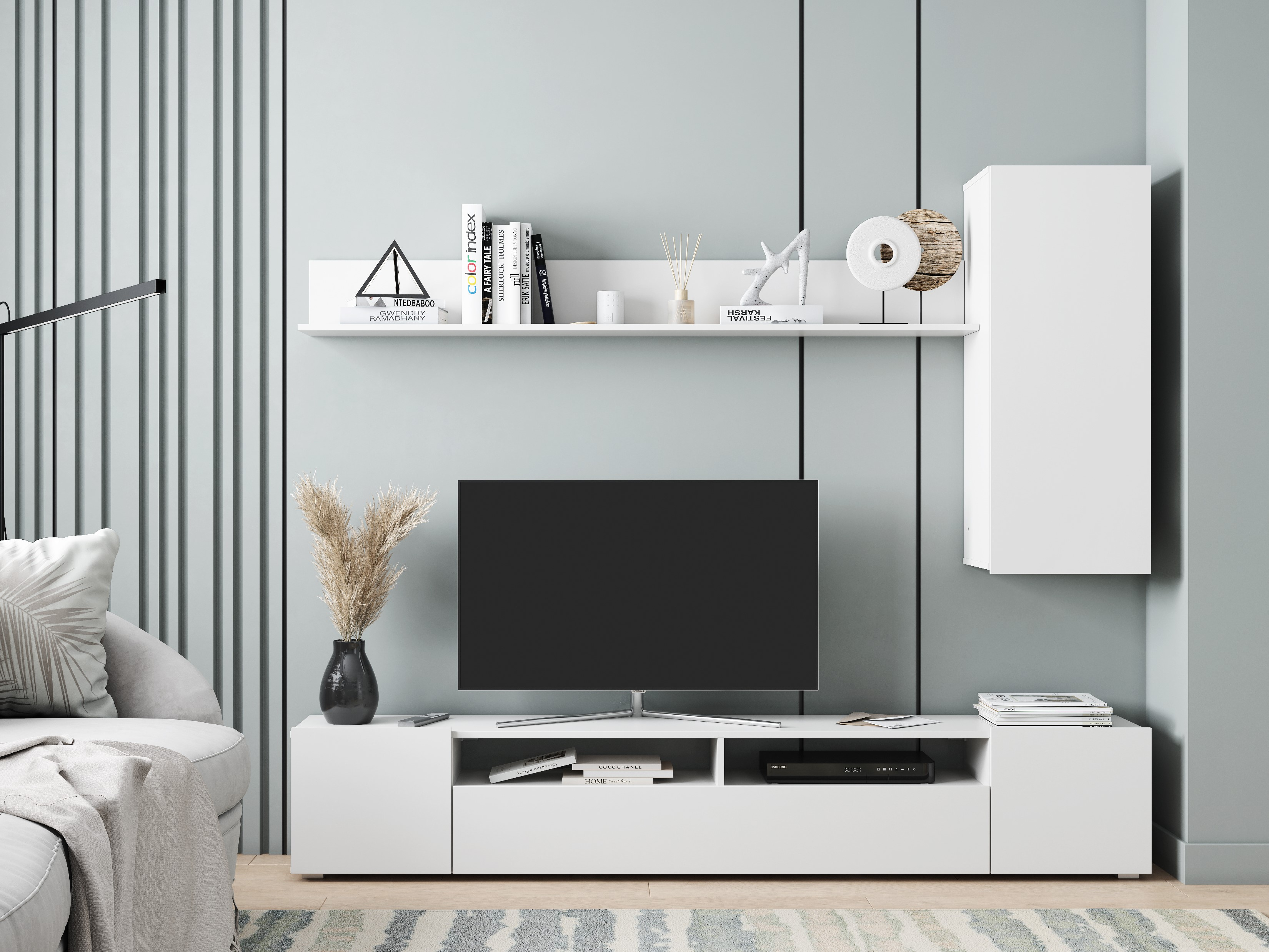 Современная белая навесная модульная гостиная 'Денвер' #2 в интерьере фирменного салона-магазина 'Моя Мебель' на сайте m-m-mebel.ru