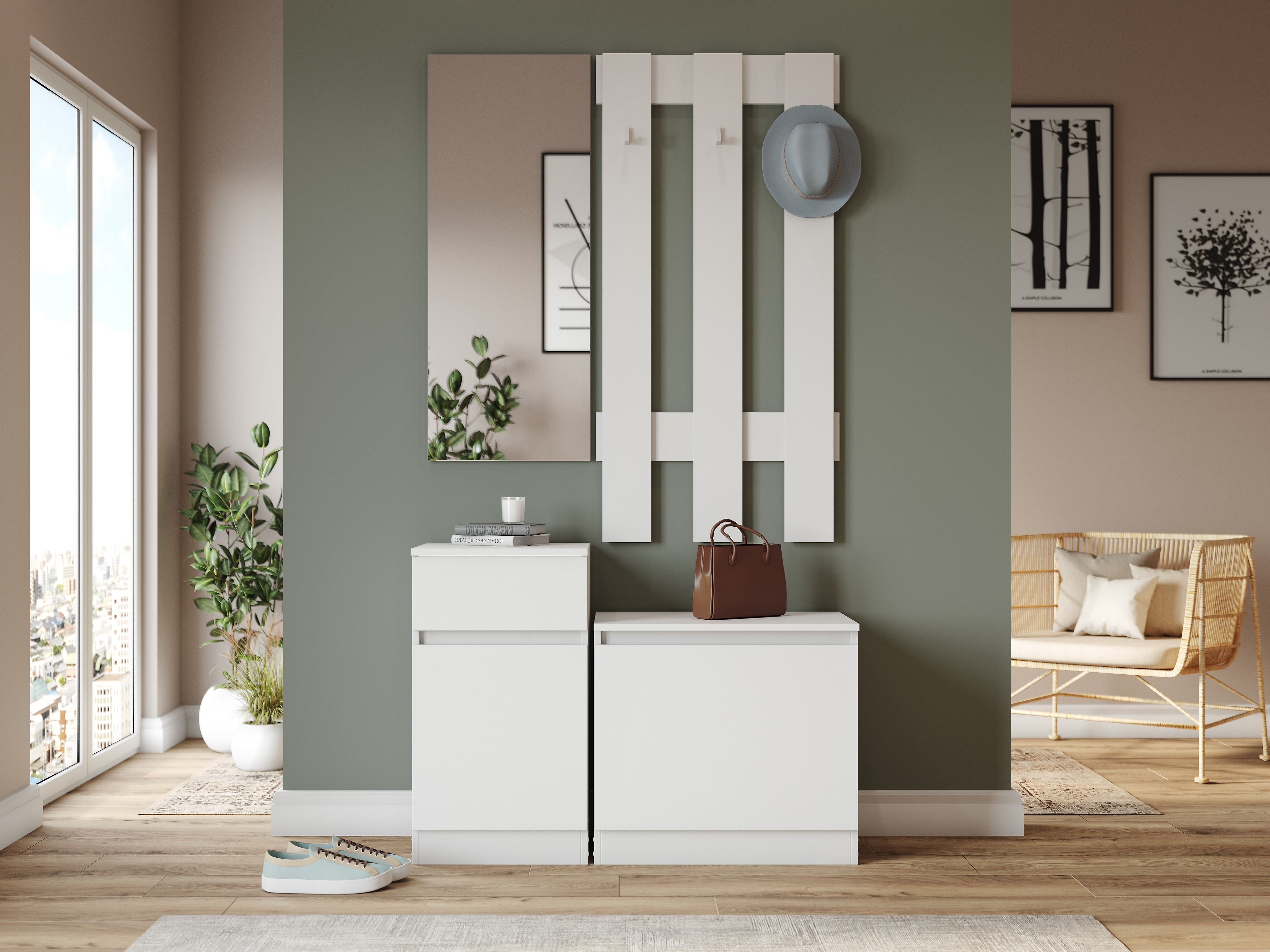 Недорогая узкая модульная мебель в прихожую белого цвета 'МОРИ' в салонах 'Моя Мебель' и на сайте m-m-mebel.ru