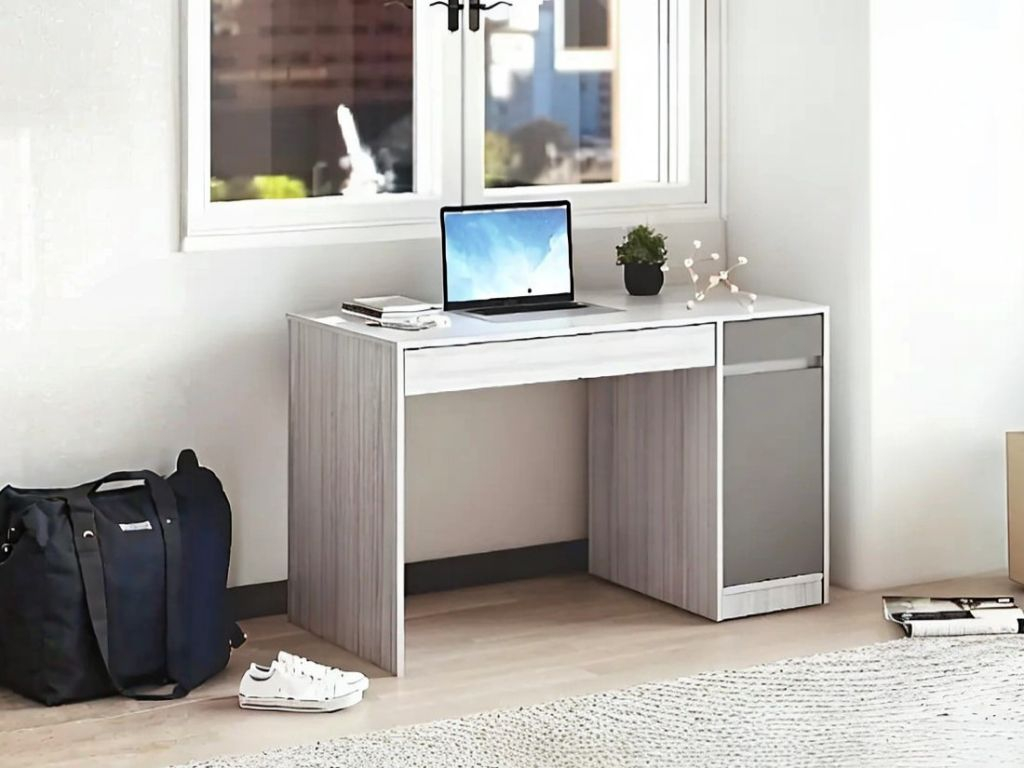 Письменный стол для школьника с выдвижными ящиками под столешницей и тумбой nil's (дуб эльза / темно-серый лофт)